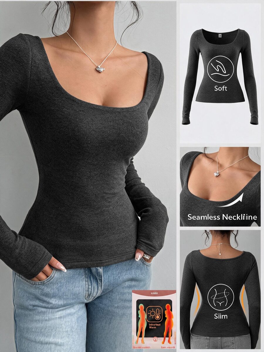 SHEIN BASICS تي شيرت نسائي كاجوال بسيط بأكمام طويلة للارتداء اليومي - رمادي غامق - مشاهدة 1