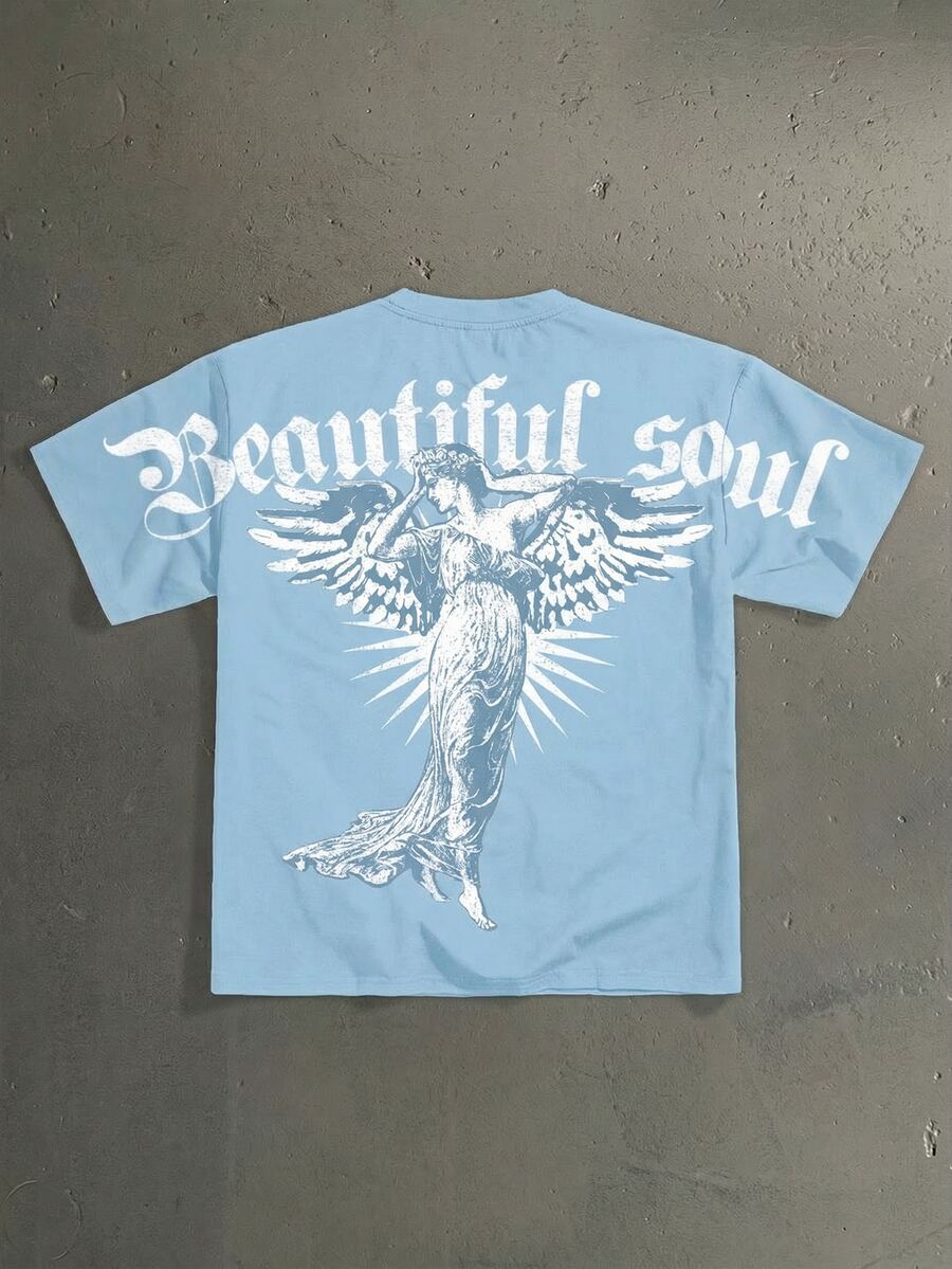 StoneGrade Arc Gothic Font Classical Plaster Angel Fashion Print Men's Standard Size Dropped Shoulder Loose Fit Short Sleeve T-Shirt - Multicolor - View 1