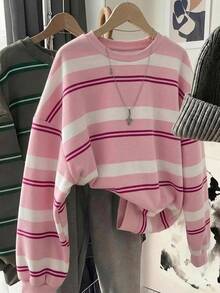 SHEIN LUNE 女款休閒圓領寬鬆衛衣，粉色條紋衛衣，女款秋冬服飾 - 彩色 - 查看 5