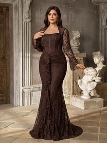 Aureia Plus Size Elegant Romantic Luxurious Coffee Lace Asymmetrical Collar Flared Sleeve Asymmetrical Ruffle Overlay Fitted Mermaid Hem Evening Gown For Party Date Ball Vacation Wedding Event - Coffee Brown - View 6