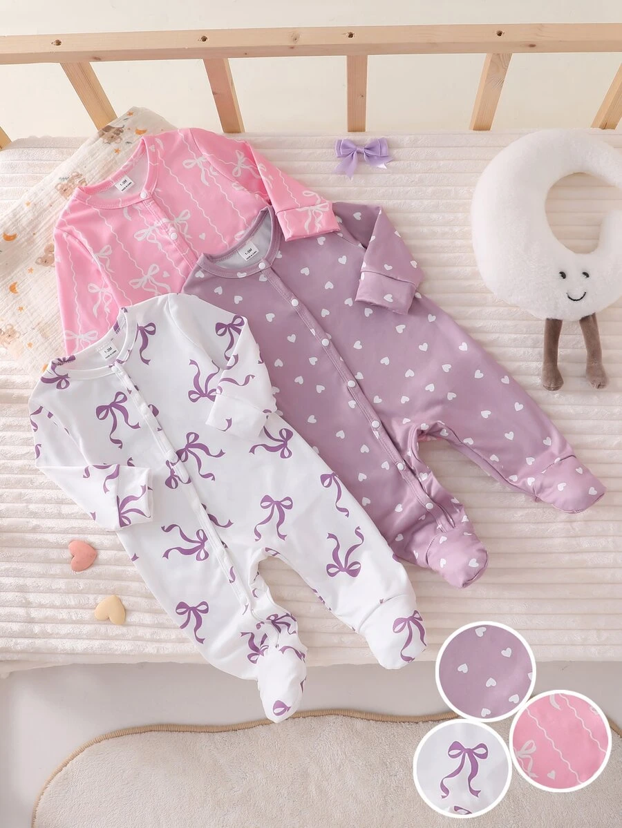 SHEIN Set 3 Potong Jumpsuit Panjang Lengan Panjang Motif Hati Manis dan Minimalis untuk Bayi Baru Lahir - MultiWarna - View 1