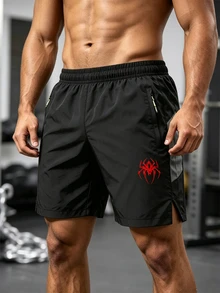 Men's Spider Print Zipper Pocket Sports Shorts - Black - View 1
