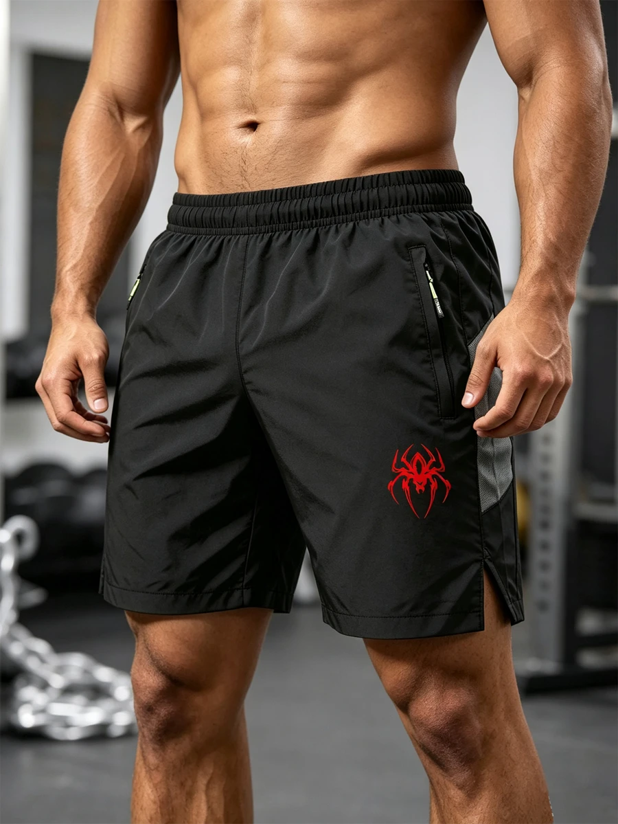 Men's Spider Print Zipper Pocket Sports Shorts - Black - View 1
