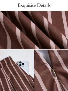 SOLERSUN Women's Brown Striped Wide Leg Pants High Waist Pleated Front With Pockets Elegant Commute Daily - Brown - View 7