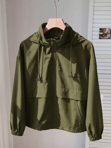 Solflare 大尺碼軍綠色休閒拉鍊連帽長袖外套 - 軍綠色 - 查看 5