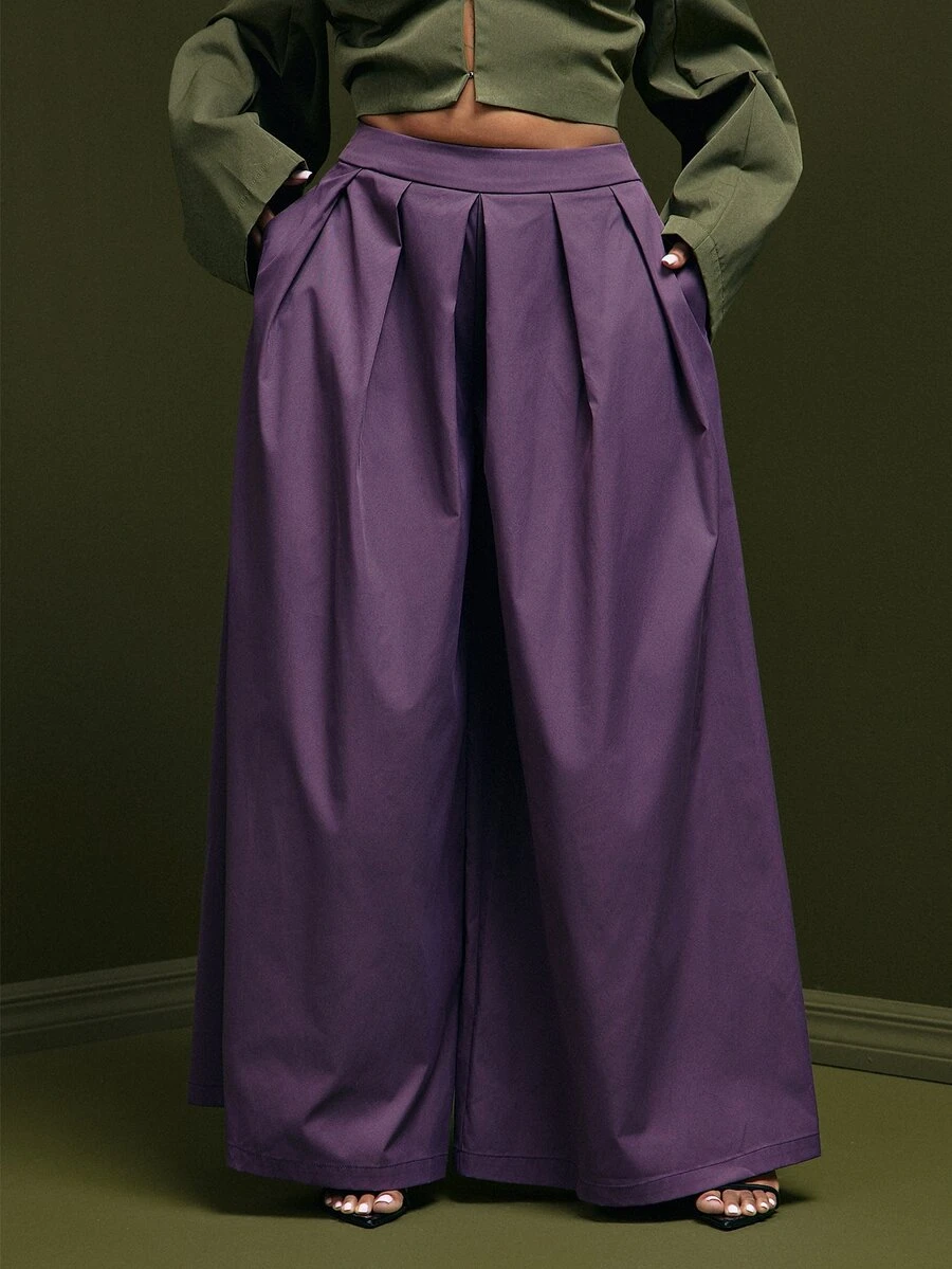 Vixey Purple High-Waisted 3D Pleated Wide Leg Pants, Drapey Loose Floor-Length Pants - Purple - View 1