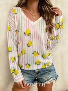 RIVANDRE Atasan Rajut Wanita Lengan Panjang Leher V Motif Garis-Garis dan Blok Warna - MultiWarna - View 4