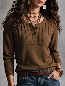 SHEIN 優雅米色羅紋針織長袖上衣，復古半鈕扣亨利領，通勤外套內搭針織衫 - 棕色 - 查看 5