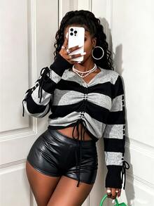 BamGleam Women's Elegant Black & Gray Striped Drawstring Crew Neck Long Sleeve Pullover Sweater - Multicolor - View 1