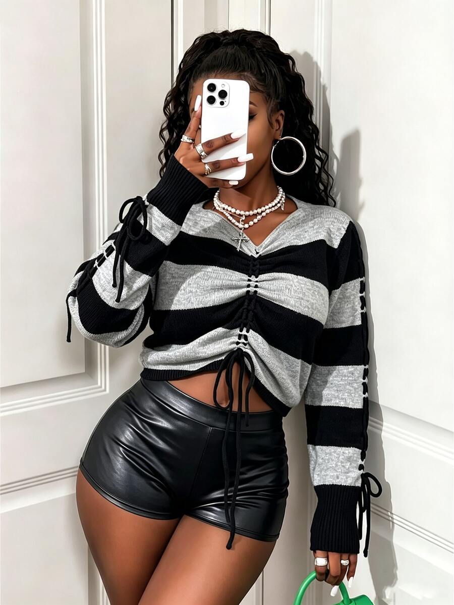 BamGleam Women's Elegant Black & Gray Striped Drawstring Crew Neck Long Sleeve Pullover Sweater - Multicolor - View 1
