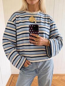 SHEIN EZwear 女款街頭風條紋拼接休閒T恤 - 藍色 - 查看 4