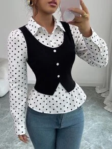 SHEIN Elenzya 女款白色波點羅紋面料翻領V領收腰修身剪裁拼接高級優雅教師風開學派對度假聖誕前夕聖誕節萬聖前夕感恩節聖誕嘉年華排燈節氛圍裝秋季襯衫秋季上衣秋季服飾新款必備時尚單品小眾設計百搭長袖拼接襯衫上衣 - 黑與白 - 查看 3