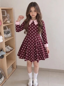 SHEIN Elladie kids 女童秋冬波點印花對比色彼得潘領長袖A字洋裝 - 彩色 - 查看 2