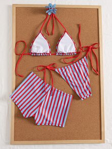 Swim Mod 女款夏季條紋印花掛脖比基尼上衣與三角褲 3 件式泳衣套裝 - 彩色 - 查看 4