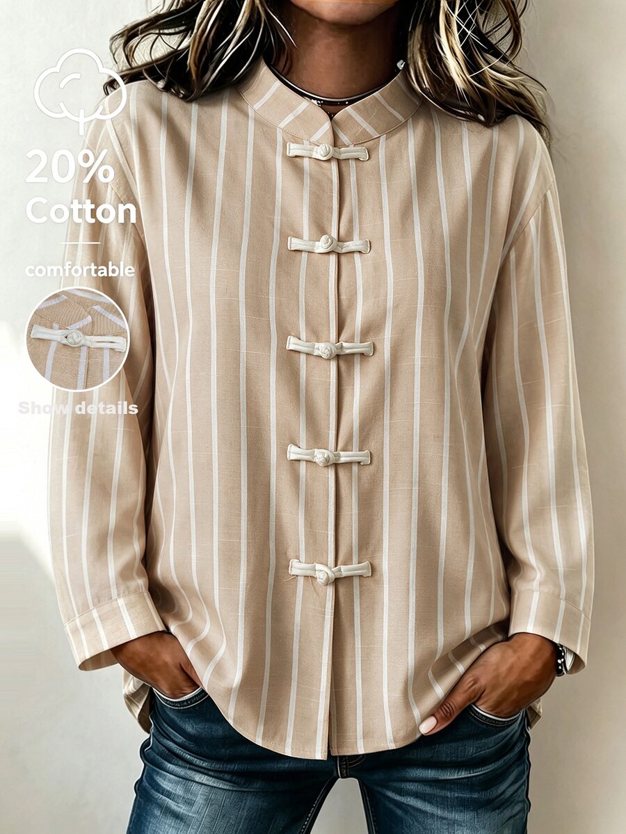 Linhara CURVE Women's Plus Size New Chinese Style Casual Shirt, Khaki Striped Top With Open Front And Frog Button Decor - Khaki - View 1