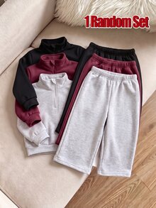 SHEIN Playful Pals 女嬰純色半拉鍊立領運動衫與寬腿運動長褲 2 件套，休閒秋冬運動套裝 - 彩色 - 查看 1