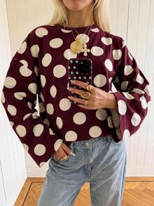 SHEIN EZwear 海外長袖草莓巧克力條紋上衣，秋季襯衫，適合日常通勤、派對、秋冬春夏、聖誕節、新年、感恩節、派對、婚禮、海灘、畢業典禮、優雅、外出、約會、通勤、情人節、優雅、度假、Y2K、畢業典禮等場合 - 彩色 - 查看 4