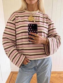 SHEIN EZwear Women's Striped Casual Daily Wear T-Shirt - Pink - View 4