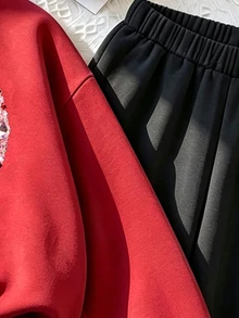 女童 2 件套運動衫與長褲套裝，紅色蝴蝶結圖案休閒套裝，秋冬新款寬鬆落肩長袖上衣 + 鬆緊腰寬腿運動長褲，時尚百搭日常穿著運動套裝，適合前青春期女孩，簡約甜美風格，適用於聖誕節與萬聖節 - 彩色 - 查看 3
