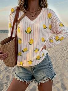 RIVANDRE Atasan Rajut Wanita Lengan Panjang Leher V Motif Garis-Garis dan Blok Warna - MultiWarna - View 6
