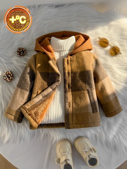 Souflis Souflis Conjunto de 2 piezas de chaqueta con capucha y suéter para niño pequeño, estilo preppy, color caqui a cuadros, de forro polar con bolsillo, manga larga, cuello alto, grueso, para fiesta, invierno, otoño y vacaciones, de felpa