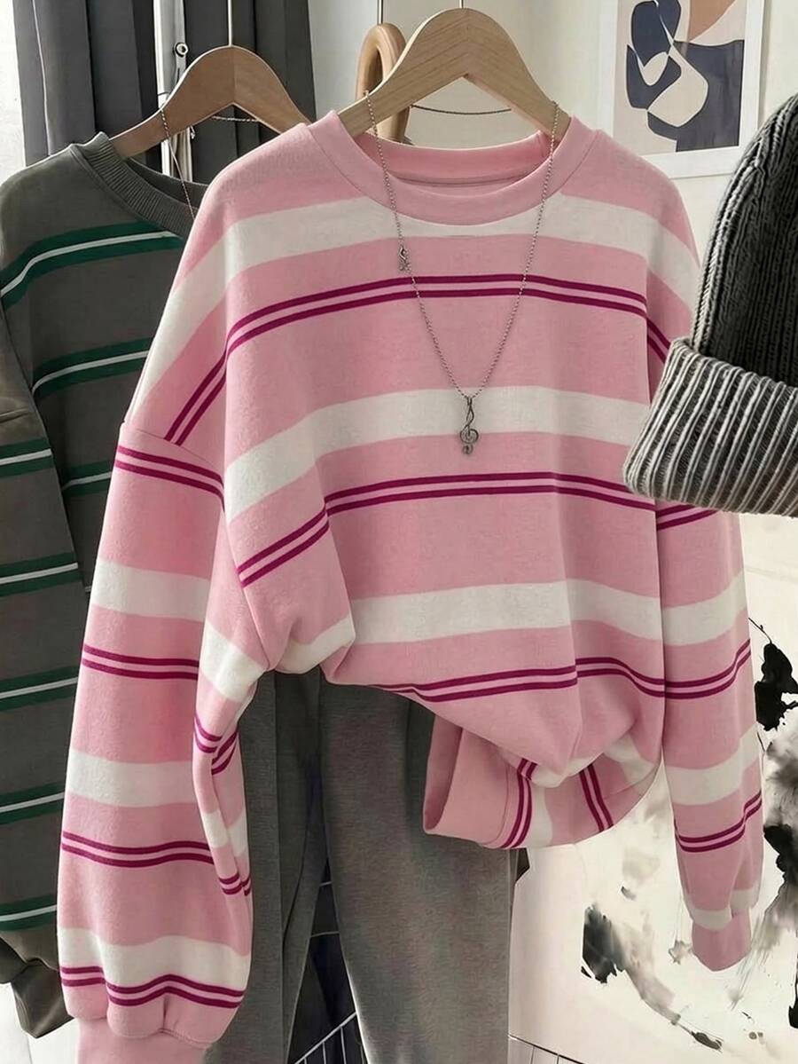 SHEIN LUNE 女款休閒圓領寬鬆衛衣,粉色條紋衛衣,女款秋冬服飾 - 彩色 - 查看 1