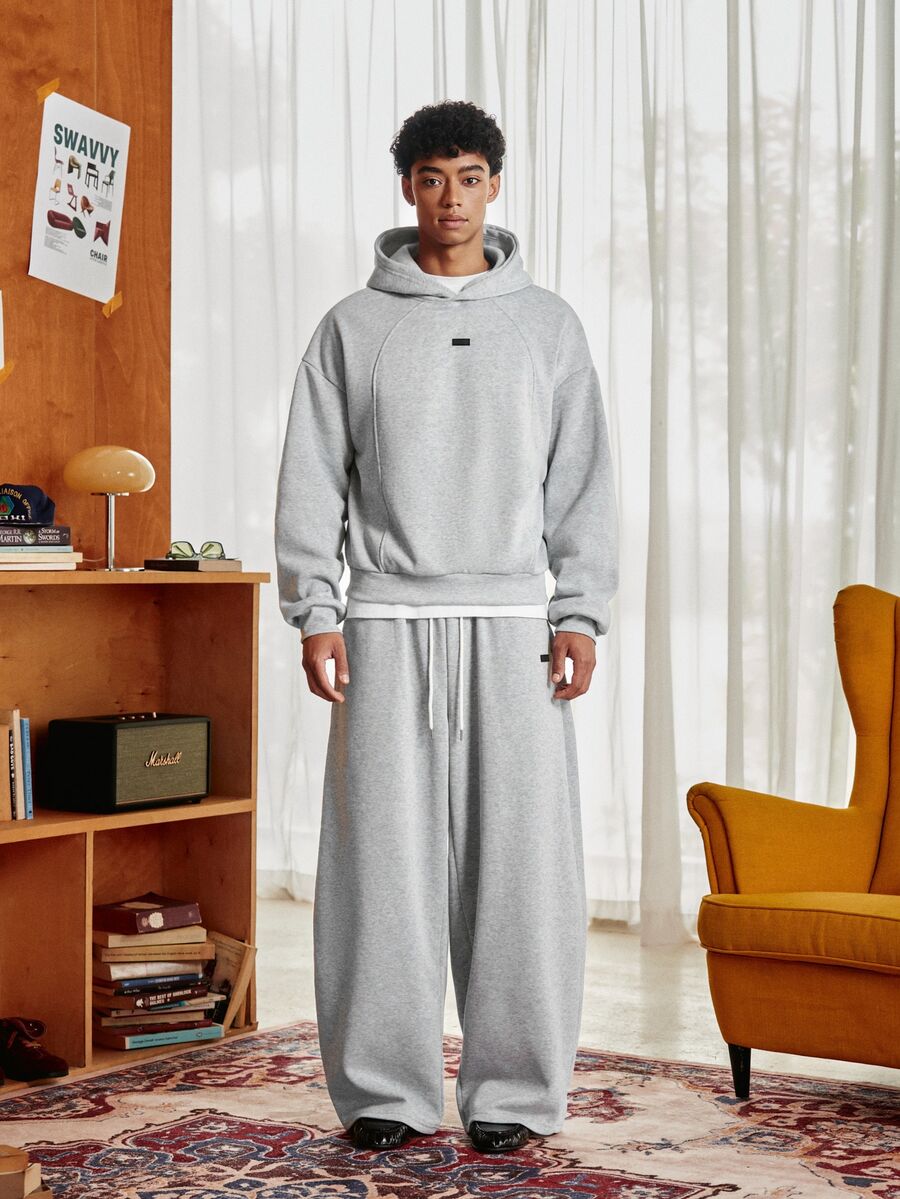 SWAVVY Men's Spring/Autumn Casual Loose Fit Standard Size Hoodie Sweatshirt Set, Grey Solid Color, Elastic Waist - Grey - View 1