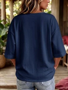 Linhara CURVE 女款大尺碼V領不對稱下擺上衣，休閒外出襯衫 - 藏蓝色 - 查看 2