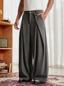 SWAVVY Men's Button Pleated Pocket Loose Pants - Dark Grey - View 4