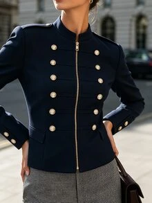 Balvessa Front Button Decor Short Overcoat - Navy Blue - View 5