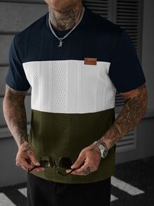 Manfinity Homme Men's Letter Print Contrast Color Crew Neck Short Sleeve Casual T-Shirt - Navy Blue - View 3