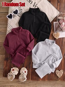 SHEIN Playful Pals 女嬰純色半拉鍊立領運動衫與寬腿運動長褲 2 件套，休閒秋冬運動套裝 - 彩色 - 查看 4