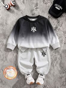 嬰兒/幼兒（男孩）運動衫套裝，圓領運動衫搭配漸層下擺，灰色收口長褲，休閒寬鬆版型，舒適 - 黑與白 - 查看 1