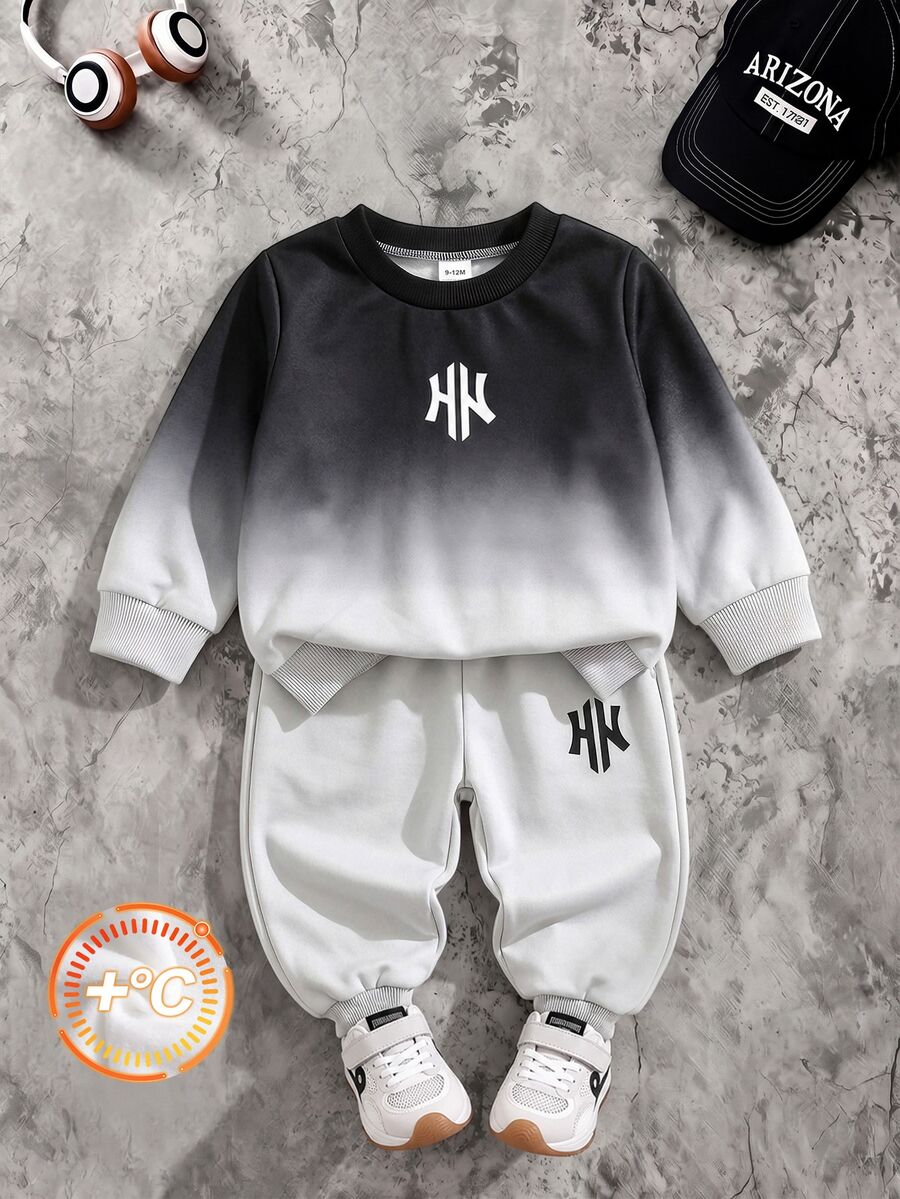嬰兒/幼兒(男孩)運動衫套裝,圓領運動衫搭配漸層下擺,灰色收口長褲,休閒寬鬆版型,舒適 - 黑與白 - 查看 1