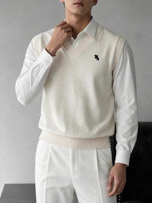 Manfinity Homme 男士騎士刺繡V領百搭針織背心，Ins風，華麗派對，街頭成熟，寬鬆版型白色針織背心，秋季，正式，老錢風 - 彩色 - 查看 3