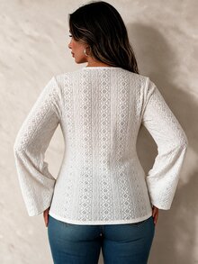 Easura Curvy French Style V Neck Long Flare Sleeve Lace Blouse, Fitted Casual Shirt Fall - Apricot - View 5