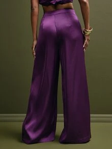 Vixey Women's Solid Color Pleated Wide Leg Loose Elegant Satin Long Pants, Event Dressing, Going Out Outfit, Holiday - Purple - View 5
