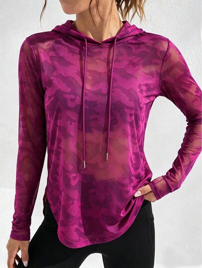 Easithlete Women's Rose Red Camouflage Hooded Long Sleeve T-Shirt, Slim Fit With Curved Hem, Sporty Sweatshirt Cover-Up, Niche Style