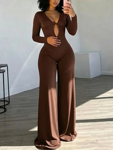 INAWLY Solva Solid Color Hollow Out Wide Leg Long Sleeve Jumpsuit - Coffee Brown - View 1
