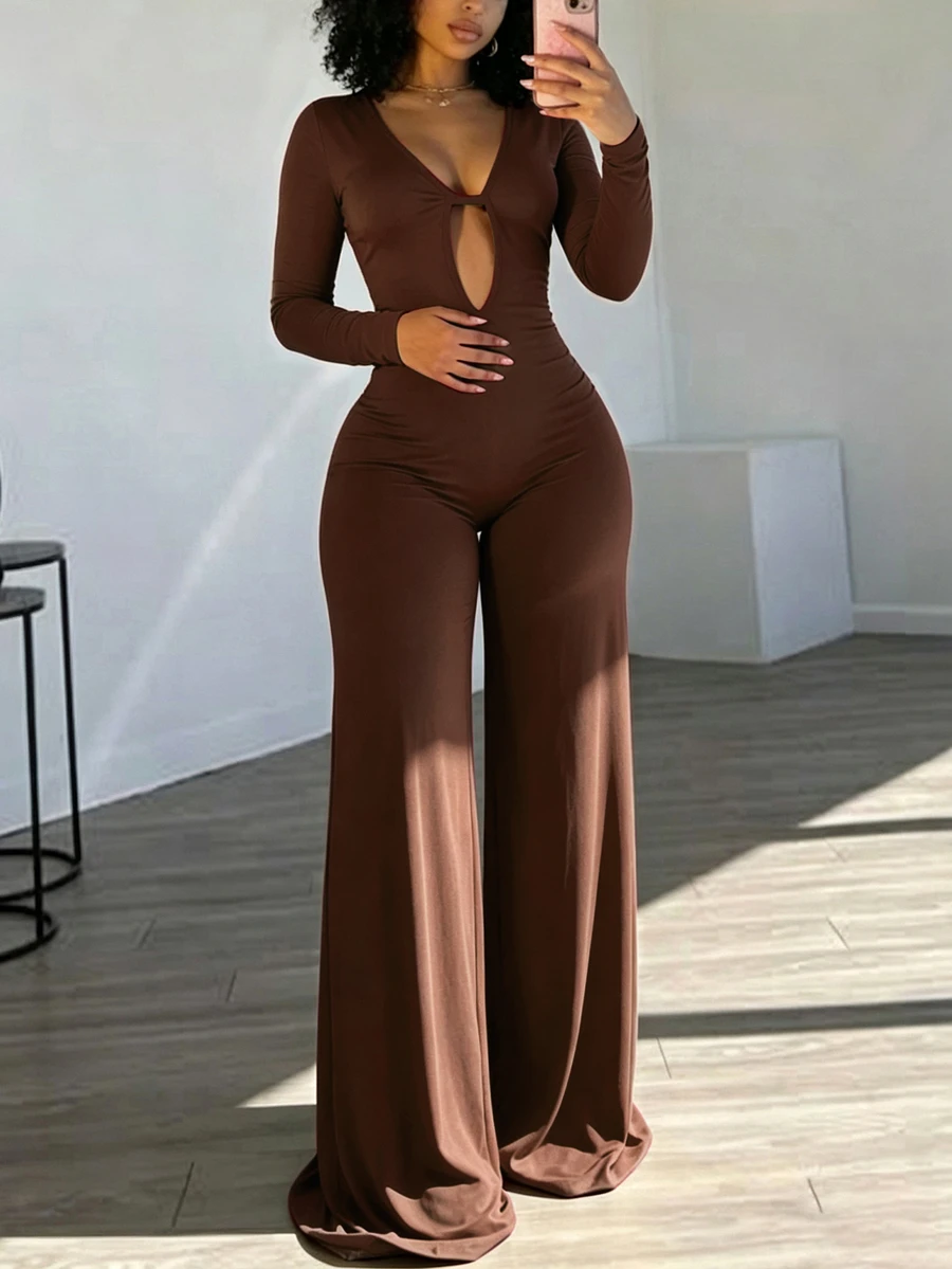 INAWLY Solva Solid Color Hollow Out Wide Leg Long Sleeve Jumpsuit - Coffee Brown - View 1