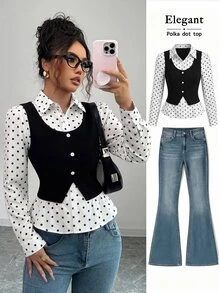 SHEIN Elenzya 女款白色波點羅紋面料翻領V領收腰修身剪裁拼接高級優雅教師風開學派對度假聖誕前夕聖誕節萬聖前夕感恩節聖誕嘉年華排燈節氛圍裝秋季襯衫秋季上衣秋季服飾新款必備時尚單品小眾設計百搭長袖拼接襯衫上衣 - 黑與白 - 查看 7