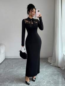 Elenzga Women's Bowknot Lace Long Sleeve Back Slit Dress - Black - View 3