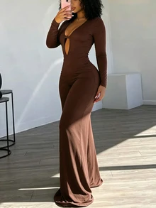 INAWLY Solva Solid Color Hollow Out Wide Leg Long Sleeve Jumpsuit - Coffee Brown - View 6