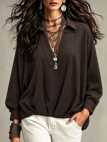 Wandoria Women's Solid Color V-Neck Loose Fit Blouse With Pleated Hem, Dropped Shoulder Long Sleeves, Coffee Brown, French Elegant Sophisticated Style, Suitable For Commute, Casual, Vacation, Formal Office, Afternoon Tea, Party, Street Style, Muslim Middle Eastern Women, Spring Autumn New Arrival, Autumn Winter - Coffee Brown - View 1