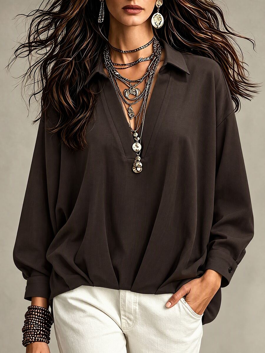 Wandoria Women's Solid Color V-Neck Loose Fit Blouse With Pleated Hem, Dropped Shoulder Long Sleeves, Coffee Brown, French Elegant Sophisticated Style, Suitable For Commute, Casual, Vacation, Formal Office, Afternoon Tea, Party, Street Style, Muslim Middle Eastern Women, Spring Autumn New Arrival, Autumn Winter - Coffee Brown - View 1
