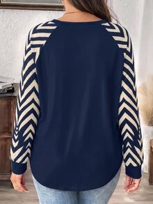 SHEIN LUNE Plus Size Women's Casual Raglan Sleeve Round Neck Loose Fit T-Shirt, Suitable For Autumn/Winter - Multicolor - View 2