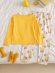 Girls' Fashionable Cute Ballet Girl Print Long Sleeve Long Length Comfortable Milk Silk Fabric Loungewear Set - Yellow - View 2