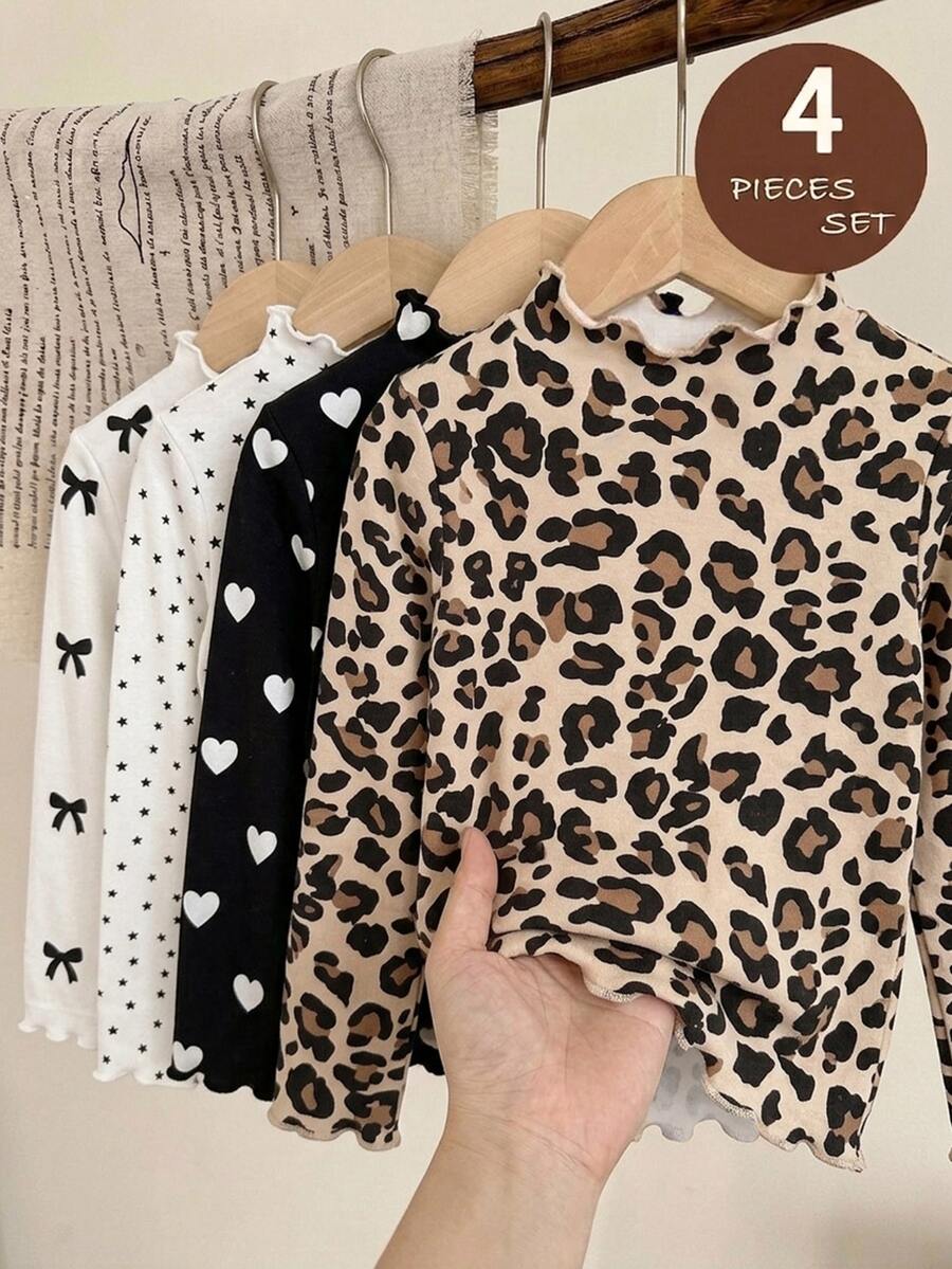 SHEIN Vintaside Kids 4件組少女針織花卉條紋印花荷葉領休閒長袖T恤上衣,適合秋冬穿著,返校休閒長袖素色基本修身款上衣 - 彩色 - 查看 1