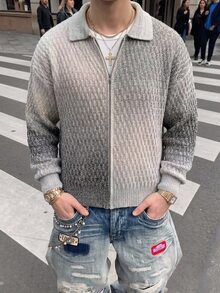 Manfinity EMRG 男士街頭風 90s 80s 配色拼接拉鍊開襟長袖針織開襟衫，萬聖節度假/假期秋季 Y2K 哥德風海灘粉色與黃色 - 灰色 - 查看 4