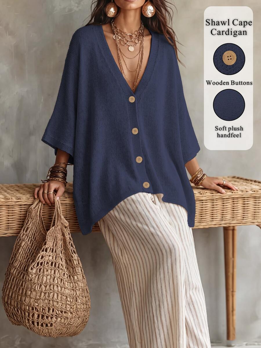 Linhara CURVE Cardigan Rajut Wanita Ukuran Besar Warna Polos Model Syal Leher V Kancing Logam Cocok untuk Sehari-hari Kasual Gaya Boho Kantor Formal Liburan Biru Tua Musim Gugur - Navy Blue - View 1